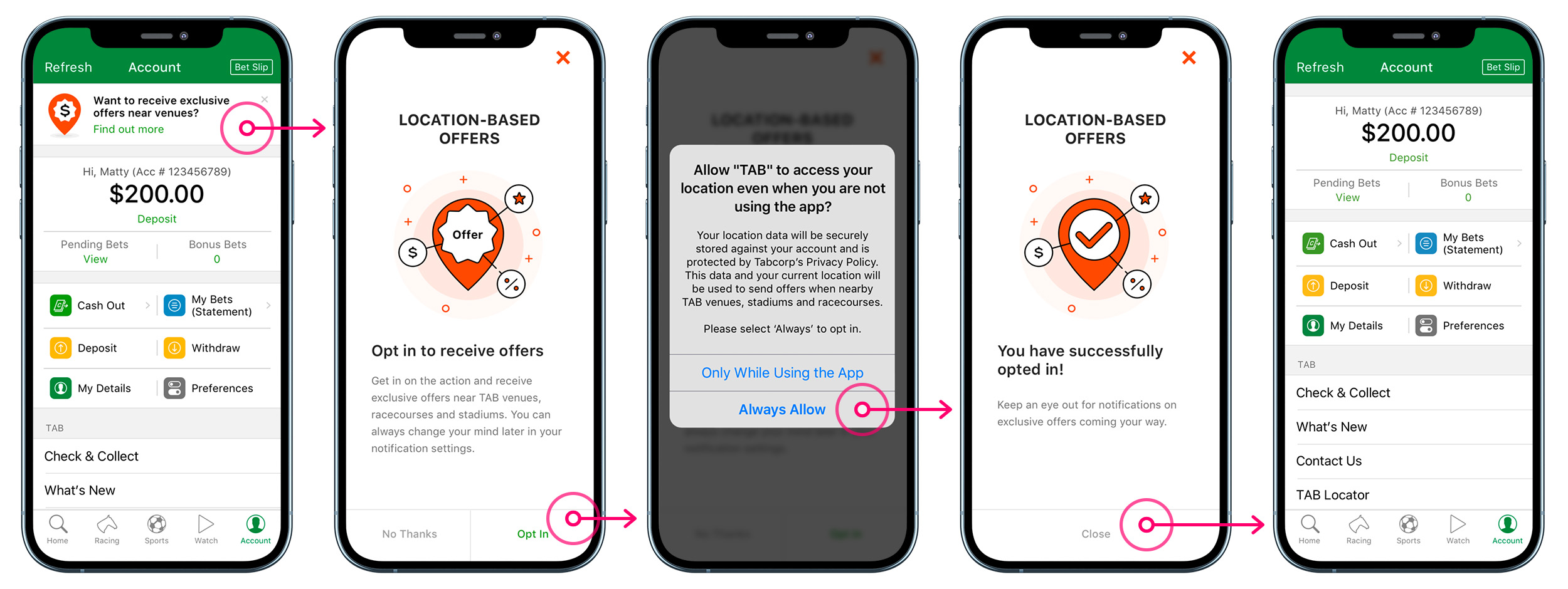 TAB app onboarding screens for location permissions